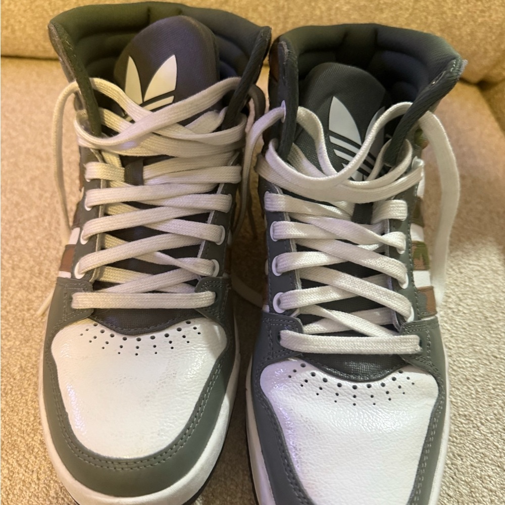 Adidas White and Green Camo High-Top Sneakers